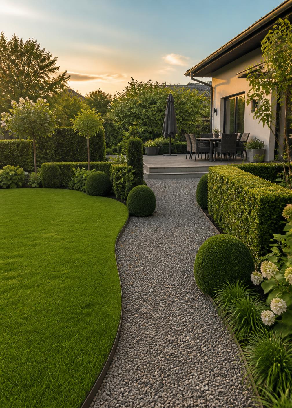 Gepflegter Garten mit geschnittenen Hecken, Rasenkante und Terrasse