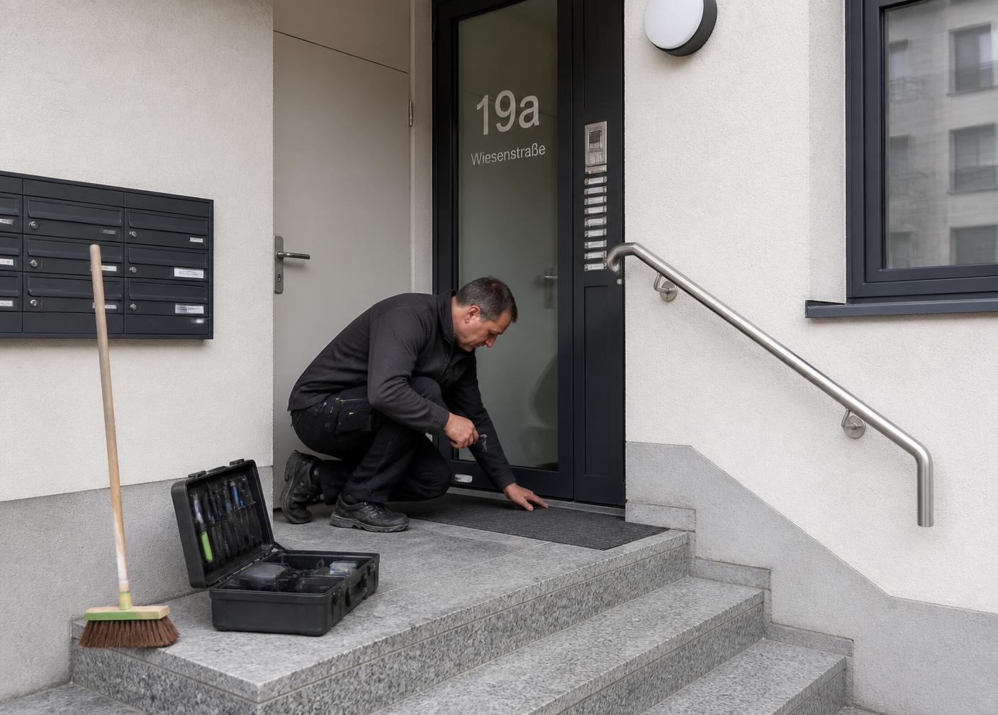 Hausmeister betreut den Eingangsbereich eines Wohnhauses in Ingolstadt