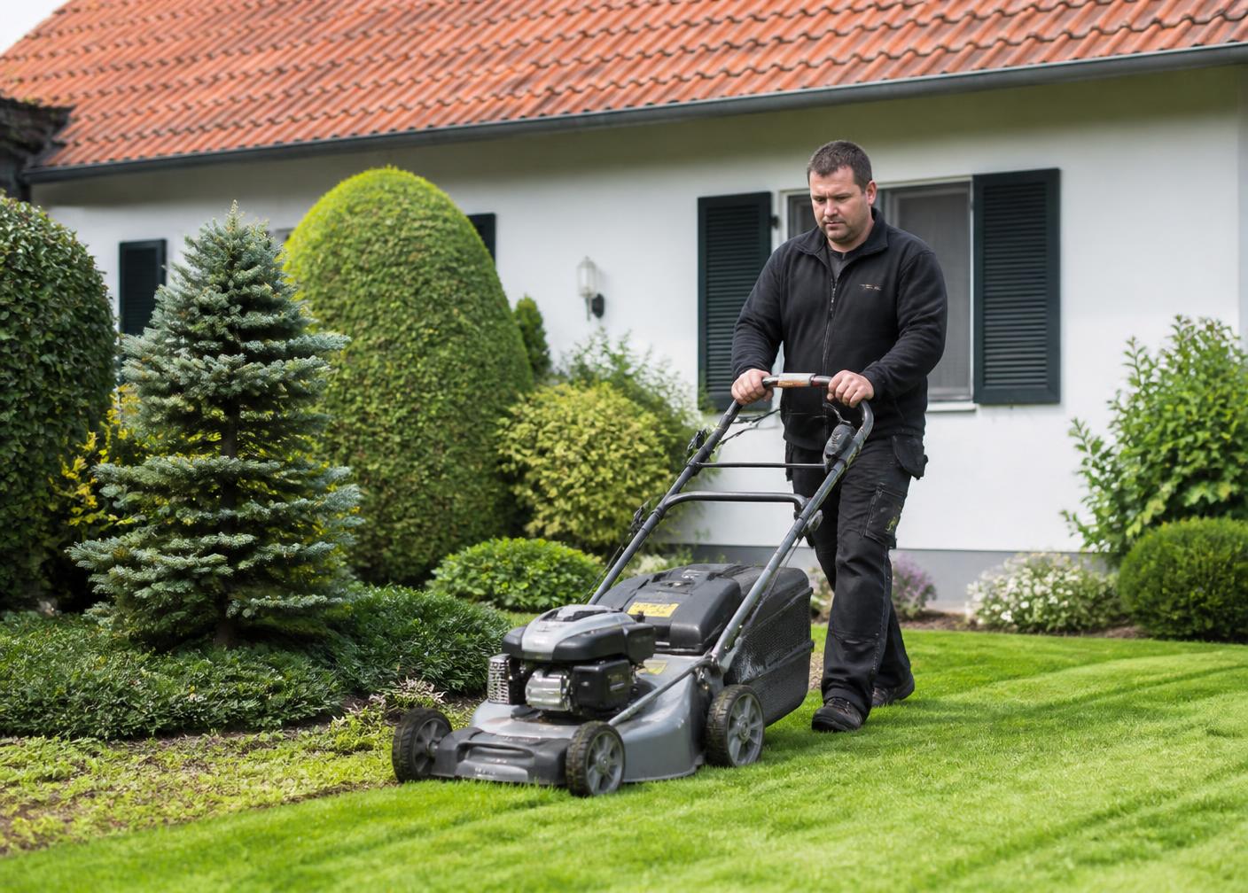 Mitarbeiter mäht den Rasen vor einem Wohnhaus